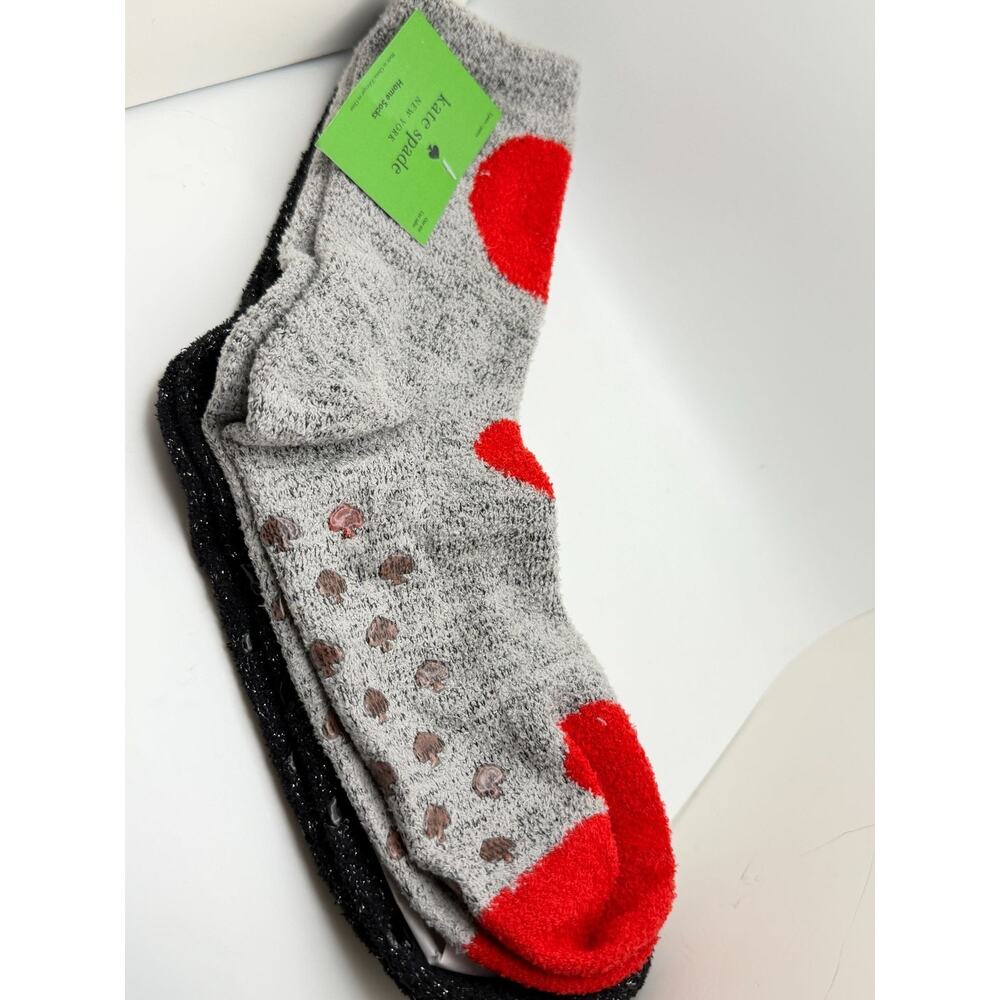 Kate Spade New York Fuzzy Gray & Black Socks With Red Heart & Polka Dot Design